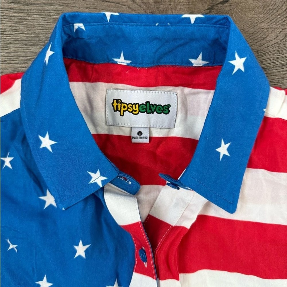 Tipsy Elves American Flag Shirt Small Patriotic 4th of July USA Button Down NWOT - Picture 8 of 11